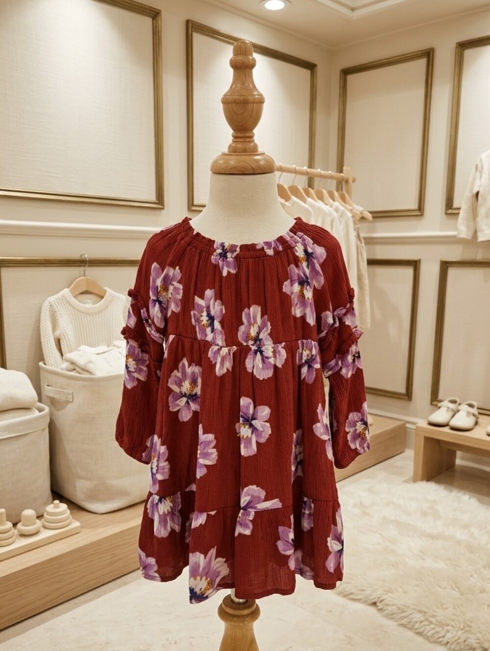 Old Navy Burgundy Floral Crinkle Empire Waist Dress 18-24M